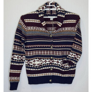 Bob Timberlake Sweater Cardigan Womens Sz Large Blue Maroon Shawl Collar NEW